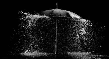 A black umbrella caught in a downpour, water droplets cascading down and splashing around