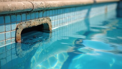 Dirty swimming pool skimmer equipment with reflection on blue water surface. Close-up of private pool maintenance system, filtration, and cleaning service accessory.