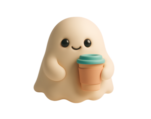 Cute ghost character holding a coffee cup isolated on transparent background
