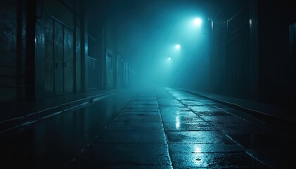 Dark street scene, wet asphalt, fog, and neon light create an abstract blue atmosphere. Reflections of spotlights on the wet concrete floor add depth to this empty nighttime environment.