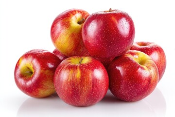 A cluster of six glossy, red apples with yellow streaks, arranged in a pyramid against a stark white background, showcasing their vibrant color and dewy sheen