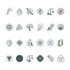 Geometric Design Elements Collection: Diverse Symbolism and Modern Aesthetics, Vector Icon Set of Universal Concepts: Knowledge, Balance, Growth, and Connection
