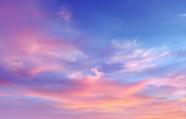 Obraz premium Vibrant sunset cloudscape. Soft pink and orange hues blend into a vibrant blue sky. Wispy clouds fill the scene