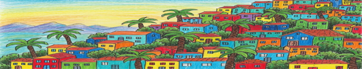 A vibrant, colorful illustration of a hillside village with many houses and palm trees under a bright sky.