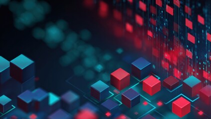 Abstract digital landscape of interconnected cubes and flowing binary code