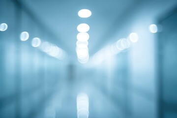 An out-of-focus image featuring a long hallway with rows of glowing, orb-like lights overhead. The walls are blue, and the scene has a soft, dreamy quality
