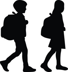 Silhouette of school children walking with backpacks, boy and girl student, education concept, cad drawing flat vector illustration