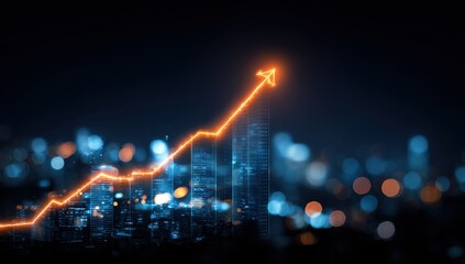 Abstract graphic of a rising graph over a city skyline at night