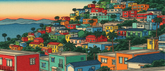 Naklejka premium Colorful hillside houses with various colors and rooftops, a view of a city.