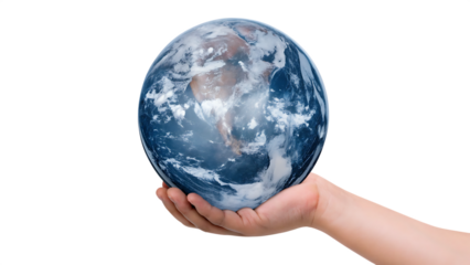 Hand holding planet Earth isolated on a transparent background globe world