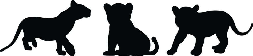 Big cat silhouettes, black animal figures, walking cub, sitting cub, standing cub, white background, feline poses, vector illustration