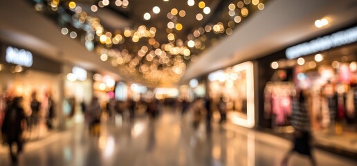Fototapeta premium An intentionally blurred view of shoppers in a brightly lit shopping mall, with lights shining from the ceiling