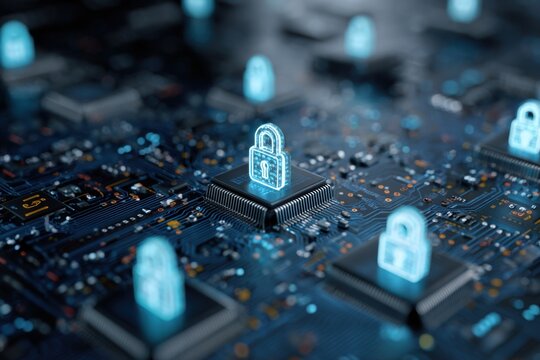 Circuit board with glowing lock icons, digital security - Powered by Adobe
