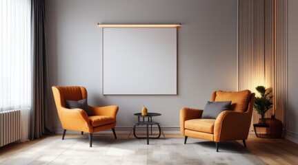 Horizontal frame mockup above two armchairs in a minimalist living room, neutral wall and soft lighting