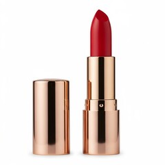 Obraz premium Elegant red lipstick with golden case isolated on white background, perfect for a classic and sophisticated look