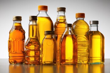A collection of amber-hued cooking oils in various glass and plastic bottles of different shapes and sizes, arranged on a light-grey surface with reflections