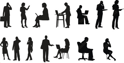 Business people silhouettes, office workers, teamwork, communication, laptop, briefcase, meeting, corporate, professional, workplace, pose, gesture, interaction