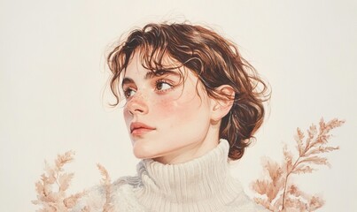 Watercolor portrait of a young woman with freckles and turtleneck sweater
