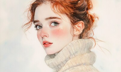 Watercolor portrait of a beautiful woman with red hair in a sweater