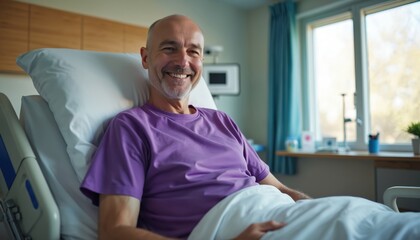 Fototapeta premium Middle-aged bald man in purple t-shirt smiles from hospital bed. Successful cancer treatment, chemotherapy recovery. Medical concept of patient survivor undergoing therapy, showing hope.