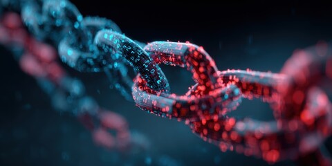 A chain link, digitally rendered, with particles of red and blue, connecting and highlighting the link