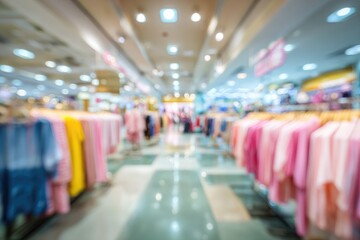 Naklejka premium Blurred view inside a clothing store racks of colorful shirts stretch into the distance, illuminated by overhead lights in a shopping mall setting