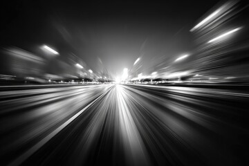 Blurred perspective on a highway in black and white at night, lights streaking towards the vanishing point