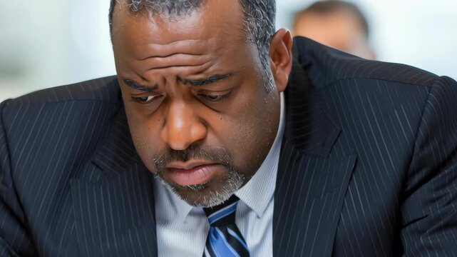 Middle Aged Businessman in Pinstripe Suit and Tie Displays Serious Expression During Corporate Meeting, Engaged with Colleagues in Focused Setting