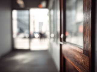 A blurred urban scene through a half-open wooden door. Sunlight illuminates the distant street, creating a soft, out-of-focus backdrop