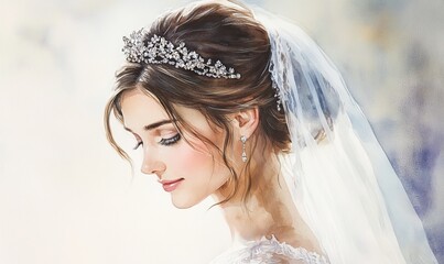 Watercolor painting of a bride with a delicate veil and tiara