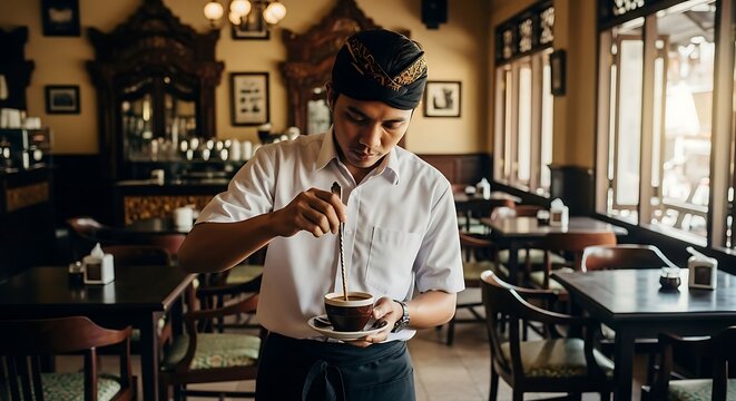 Elegant waiter serving coffee in cozy traditional restaurant setting