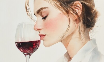 Elegant watercolor painting of a woman enjoying a glass of red wine