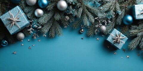 Christmas decoration featuring blue ornaments and wrapped gifts on a turquoise background