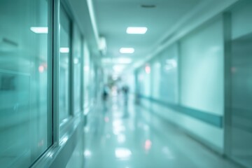 Fototapeta premium Blurred hallway with a sterile ambiance, showing smooth, shiny floors, and diffused light filtering through windows creating a sense of depth