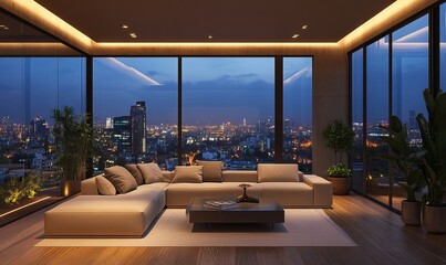 Luxurious modern apartment interior with breathtaking city view at night