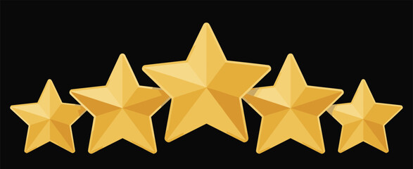 Five golden stars rating illustration, luxury review concept, 3D gold stars on dark background, premium feedback symbol, award vector graphic