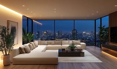 Luxurious penthouse living room with panoramic city views at twilight hours