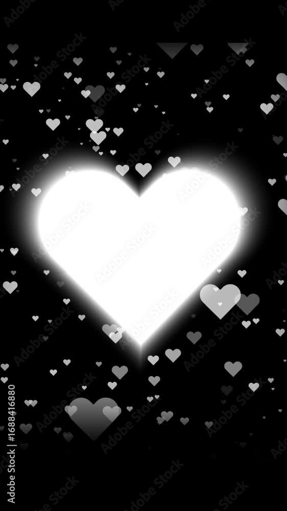 Poster animated glowing heart surrounded by sparkling lights vertical video. glowing heart frame with float