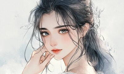 A beautiful and serene portrait of a young woman with flowing dark hair