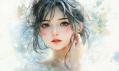 Captivating digital portrait of a young woman with dreamy eyes and delicate features