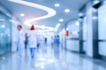 Blurred shot of a light, bright hospital hallway with people in medical attire walking down the hallway. Soft focus. Light streaming in