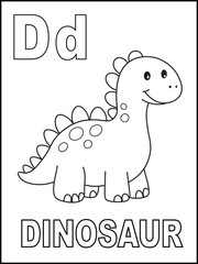 Letter D Alphabet Coloring Page for Kids. Cute Cartoon Dinosaur Illustration with Uppercase and Lowercase D. Fun Educational Black and White Line Art Worksheet for Preschoolers.