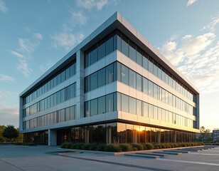 Obraz premium Modern office building exterior features expansive glass windows reflecting clear daytime sky. Building grey concrete structure with contemporary angular design, commercial property development,