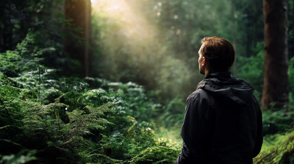 A person in a forest, the peaceful scene illuminated by gentle light. Person, forest, with copy space