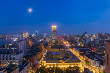 Fototapeta premium Aerial night view of Shanghai urban moonlight scenery, China