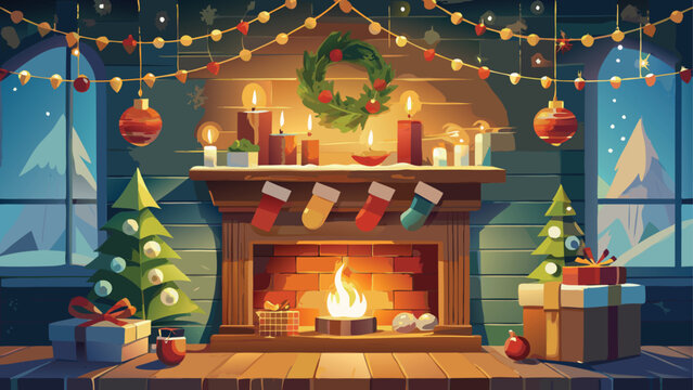 A cozy holiday room with a Christmas tree decorated with ornaments and candles, presents, and a fireplace with a blazing fire
