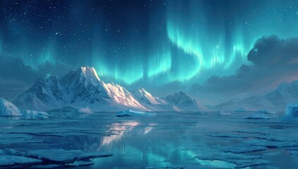 Vast arctic landscape under vibrant aurora borealis