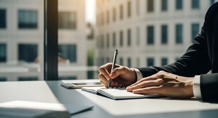 Business Professional Taking Notes in Office Workspace with Large Window View