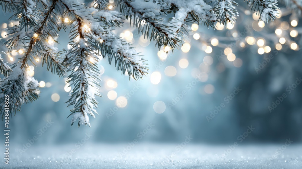 Poster snow-laden pine branches hang low, sparkling with soft lights, creating a serene and enchanting wint