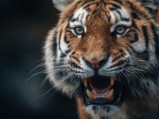 Naklejka premium Majestic tiger showcasing its power in a striking close-up during twilight hours